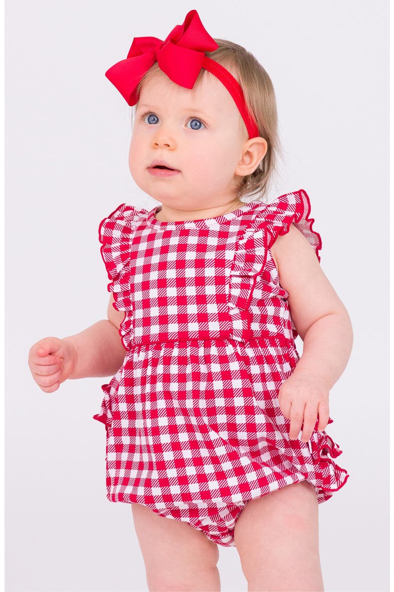 Gingham Cotton Ruffle Bubble Romper, Alternate, color, RED GINGHAM