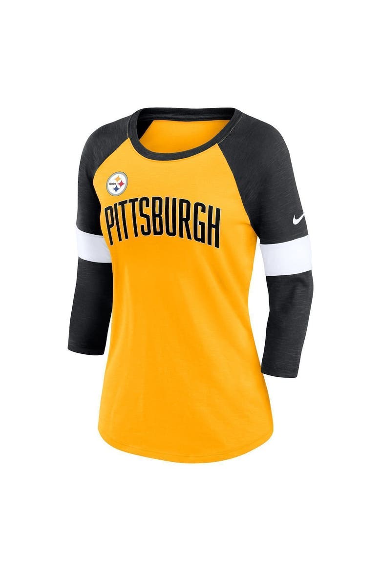 Women's Nike Pittsburgh Steelers Heather Gold/Heather Black Football Pride Raglan 3/4-Sleeve T-Shirt, Alternate, color, Heather Gold