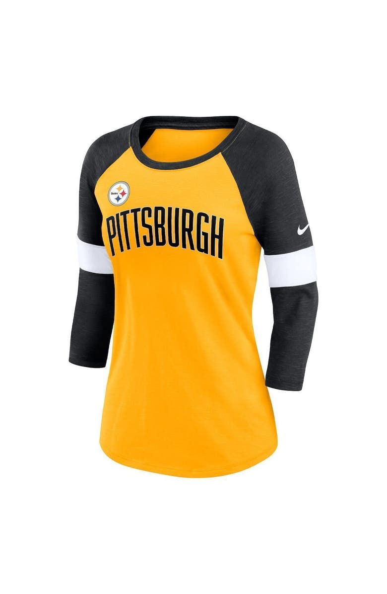 Nike Women's Nike Pittsburgh Steelers Heather Gold/Heather Black Football Pride Raglan 3/4-Sleeve T-Shirt, Alternate, color,