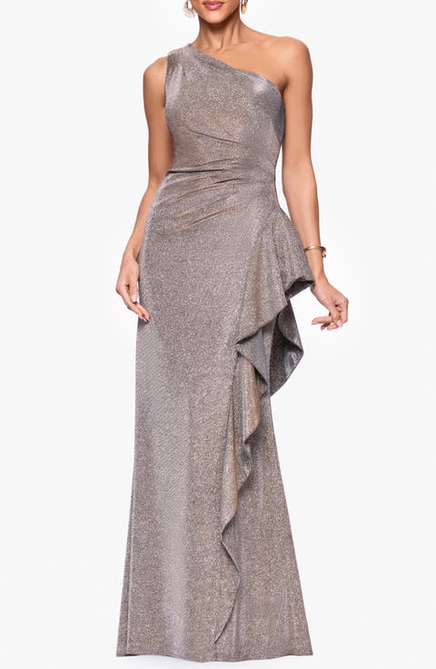 Galaxy One-Shoulder Ruffle Detail Glitter Knit Gown