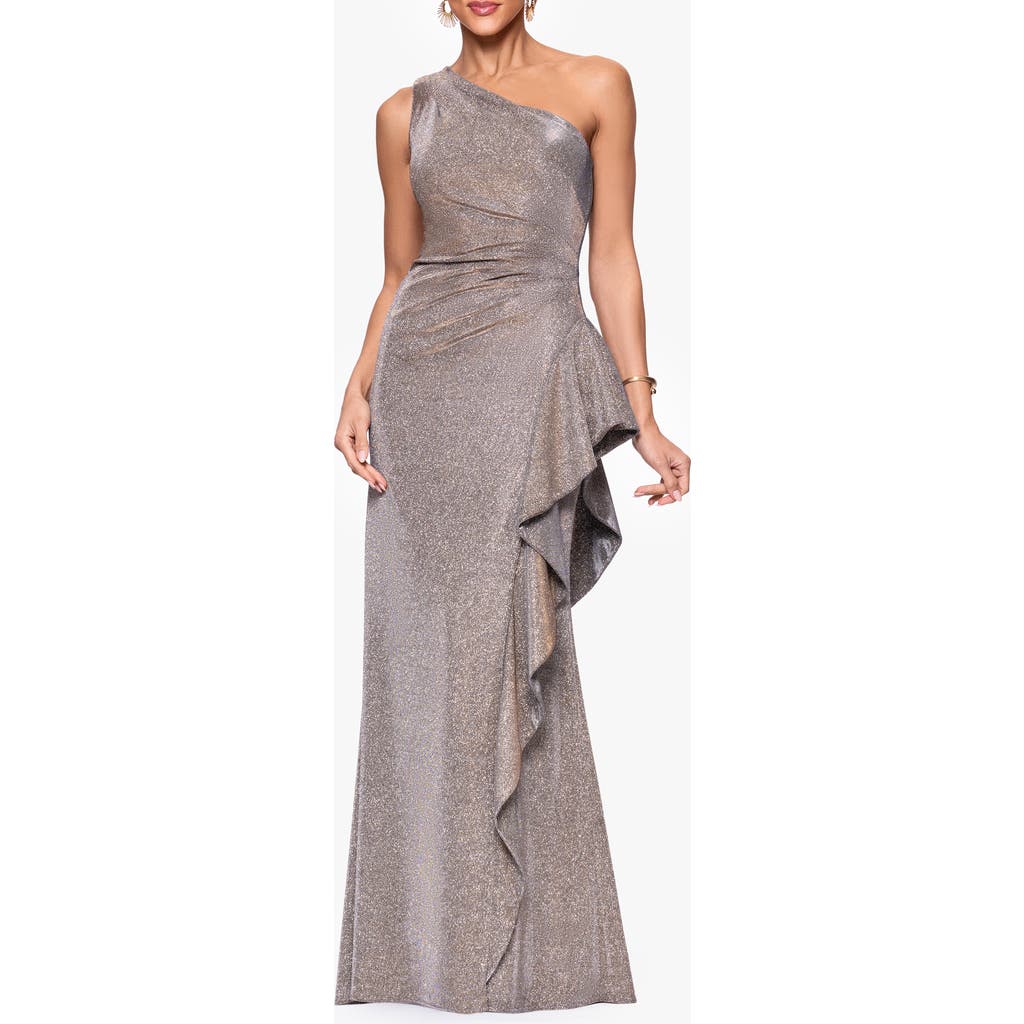 Xscape Evenings Galaxy One-shoulder Ruffle Detail Glitter Knit Gown In Brown