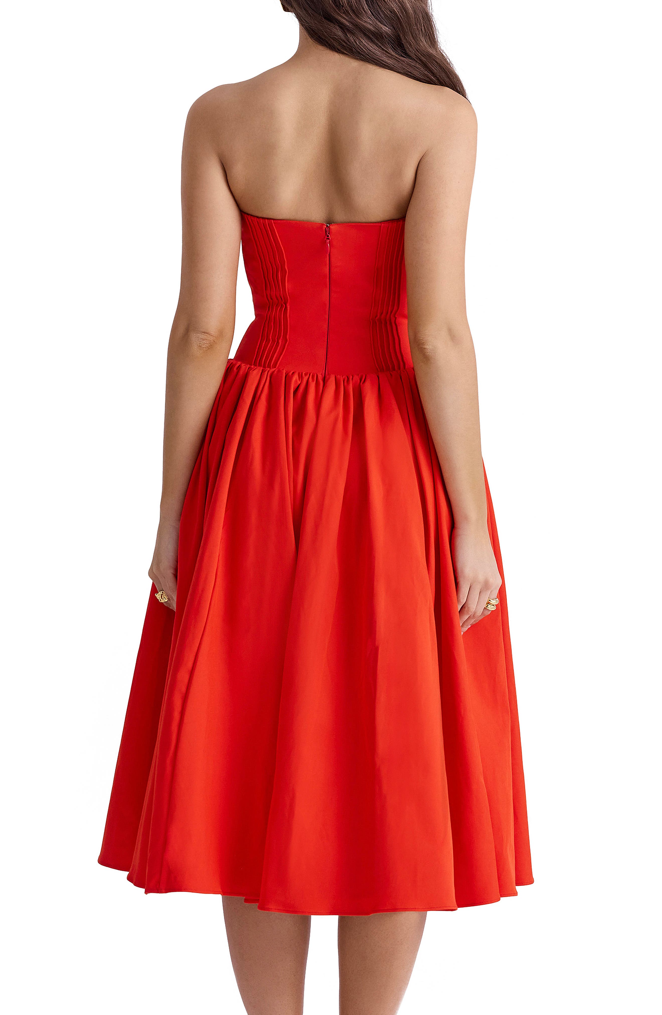 elizabeth strapless midi dress HOUSE OF CB Women's Elizabeth Strapless Corset Fit & Flare Midi Dress - Red