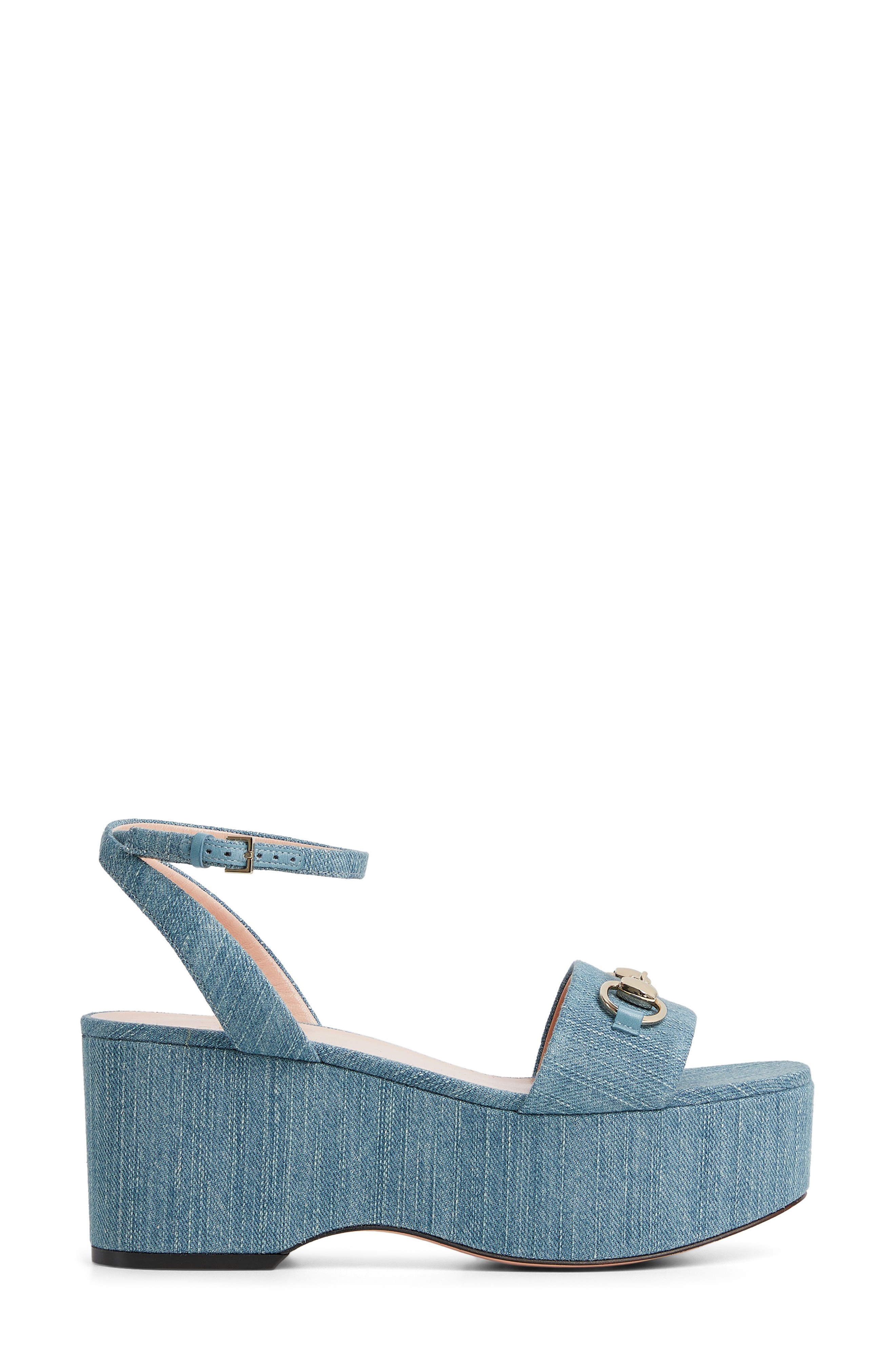 Gucci Lady Horsebit Ankle Strap Wedge Sandal, Alternate, color, Turquoise Blue