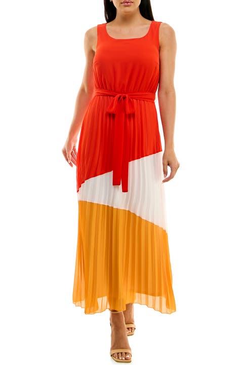 Colorblock Pleated Chiffon Maxi Dress