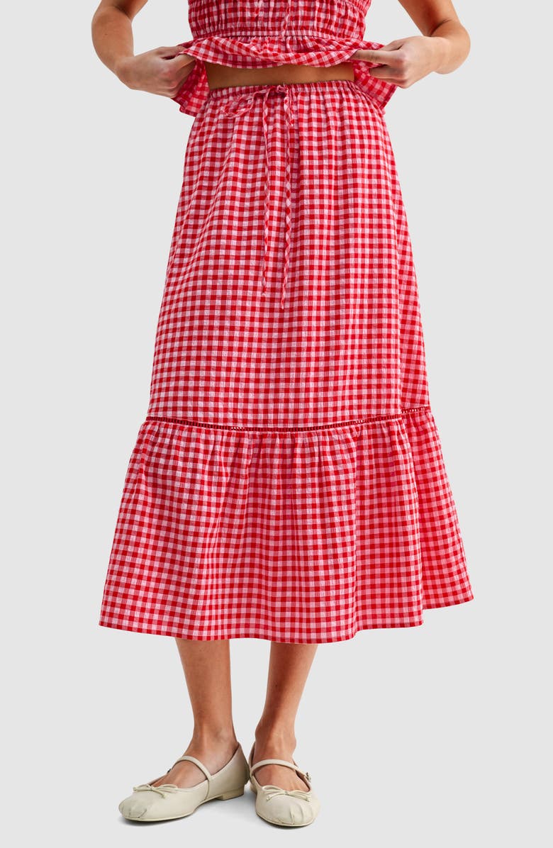 All in Favor Gingham Cotton Blend Midi Skirt, Main, color, Red Gingham