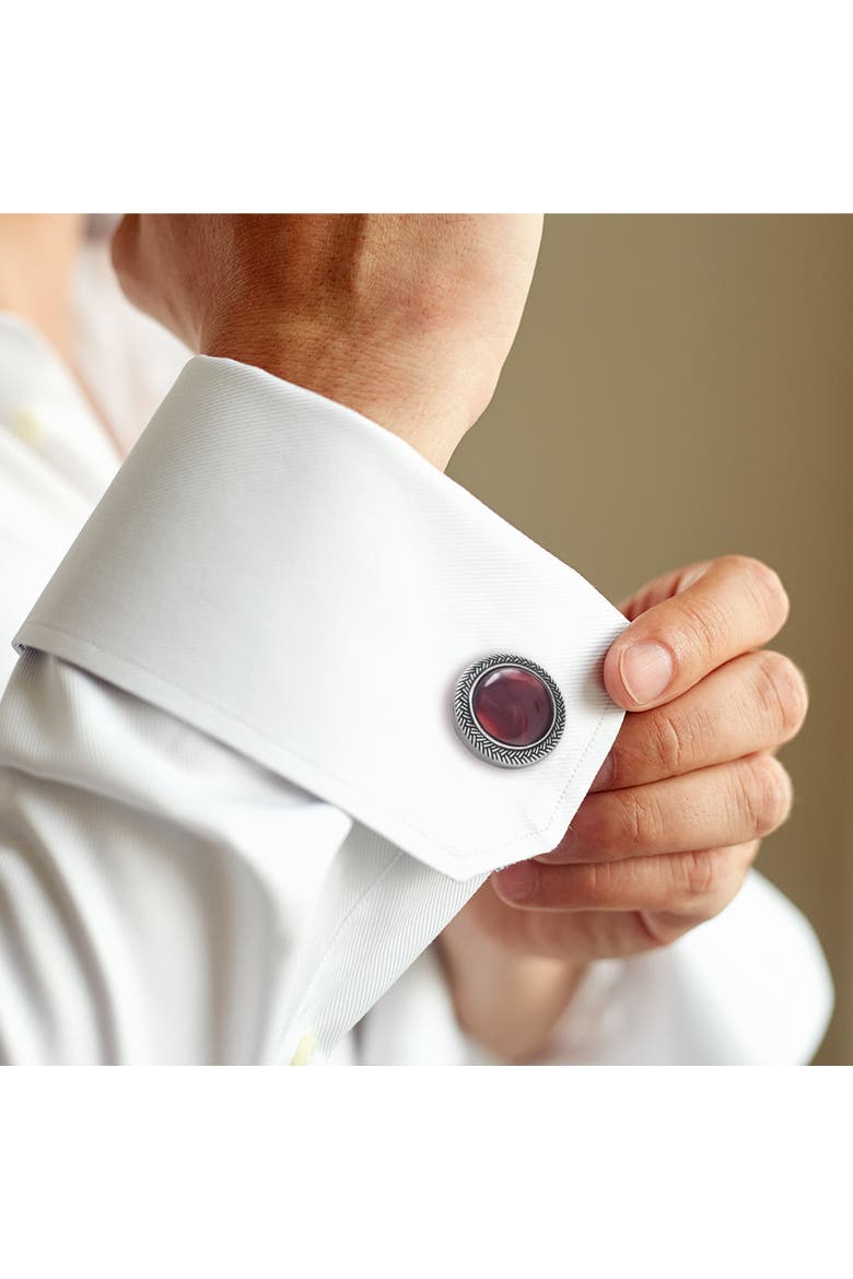 Burgundy Gemstone Round Cufflinks with Antique Silver Braided Border, Alternate, color, Burgundy