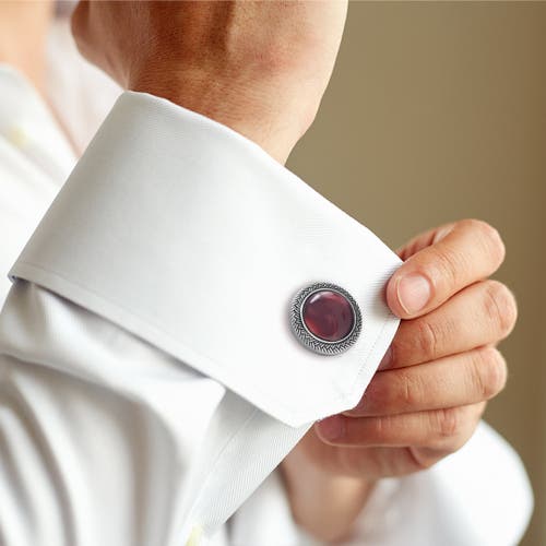 Link Up Burgundy Gemstone Round Cufflinks With Antique Silver Braided Border In Metallic