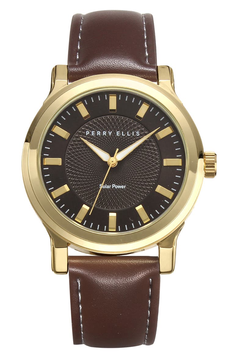 Solar Faux Leather Strap Watch, Main, color, GOLD/ BLACK