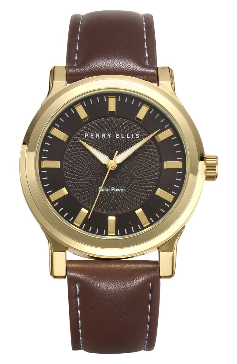 Perry Ellis Solar Faux Leather Strap Watch, Main, color, Gold/ Black