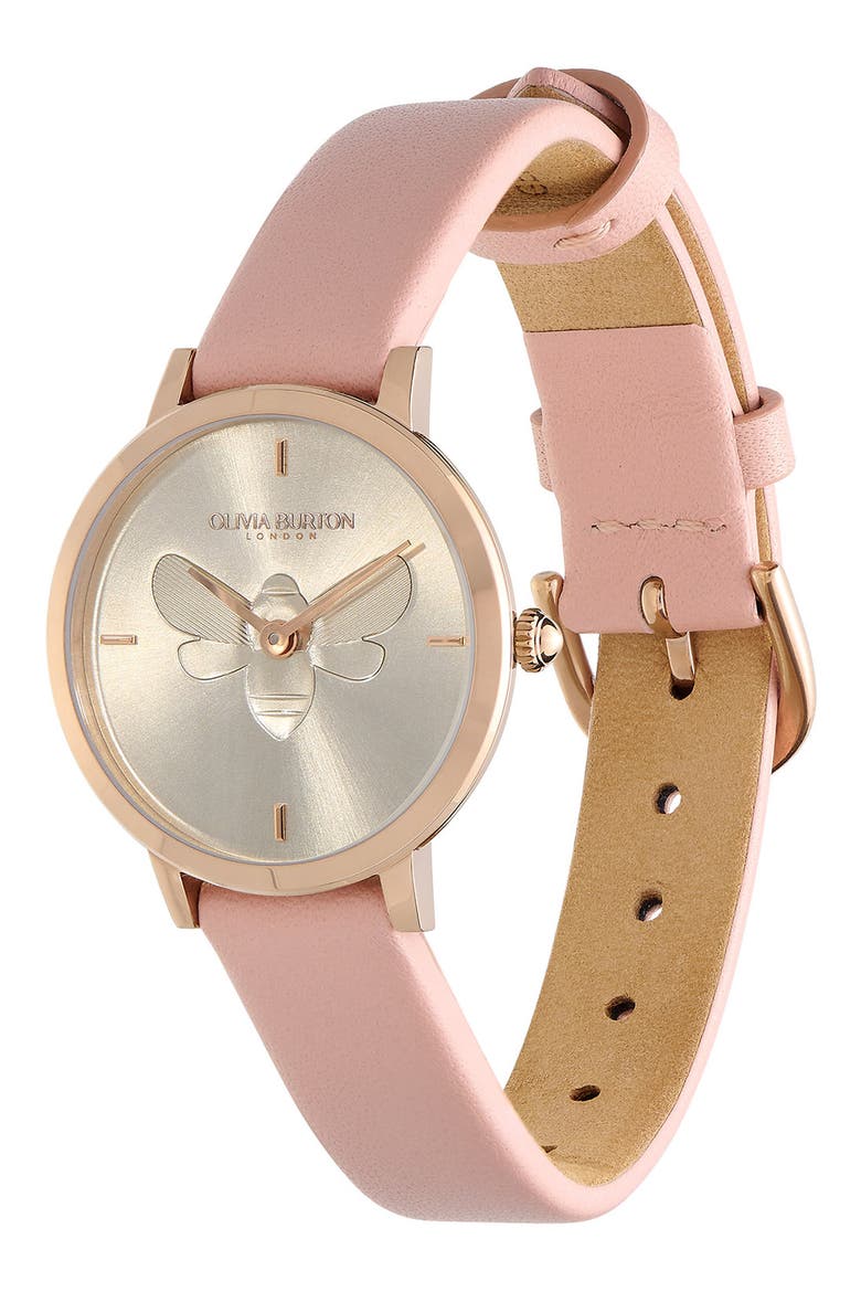 Signature Bees Leather Strap Watch, 28mm, Alternate, color, GOLD