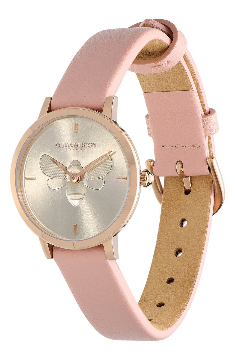 Olivia Burton Signature Bees Leather Strap Watch, 28mm, Alternate, color, Gold