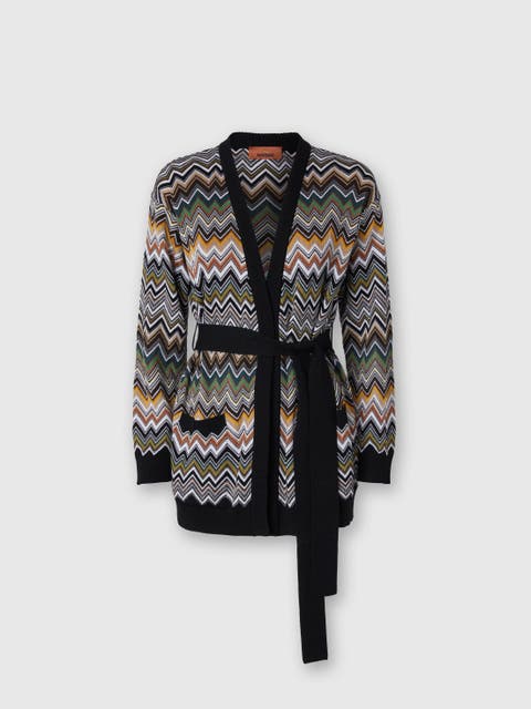Relaxed Fit Cardigan With Belt And Chevron Pattern