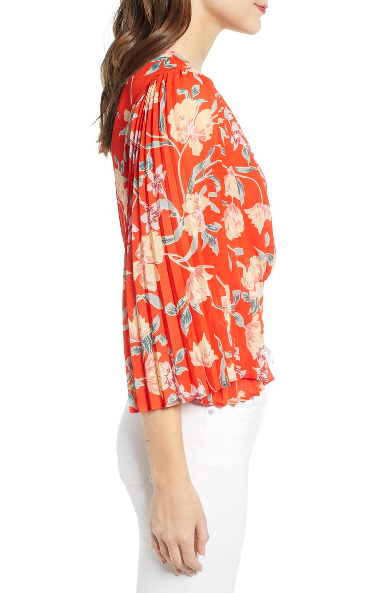 ASTR the Label Floral Pleated Sleeve Wrap Blouse, Alternate, color, Red/ Peach Floral