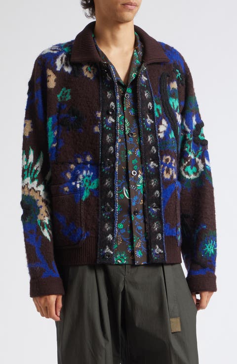 Floral Jacquard Knit Blouson Cardigan Sweater