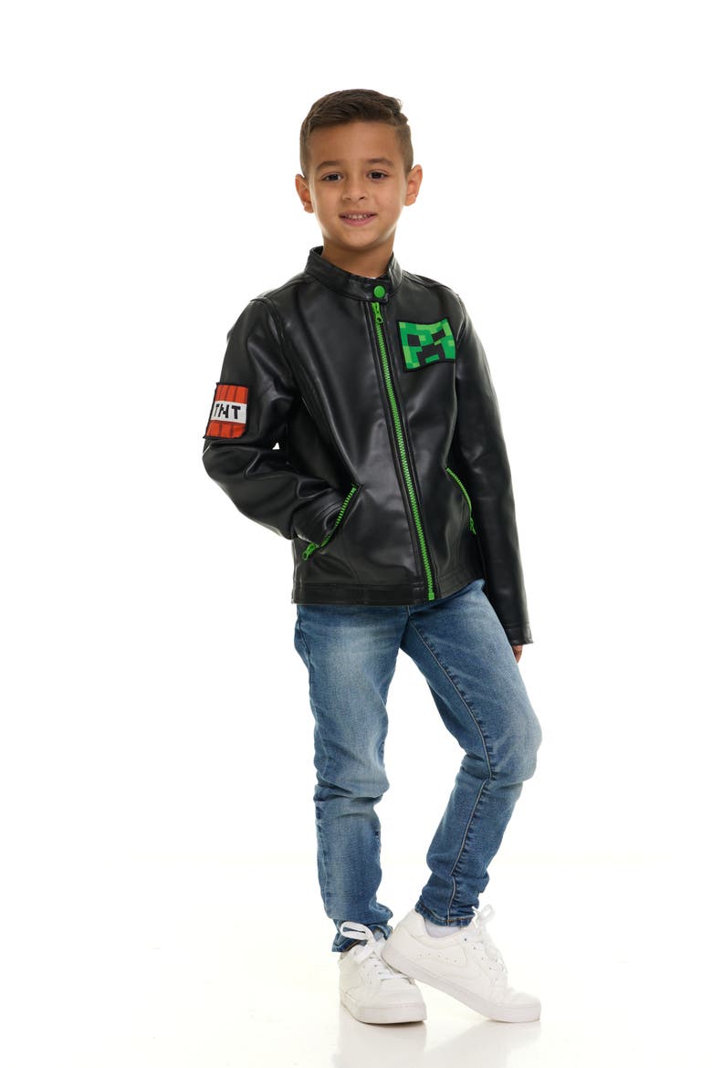Creeper Zip-up Leather Jacket (little Kid & Big Kid), Alternate, color, Black Green Creeper