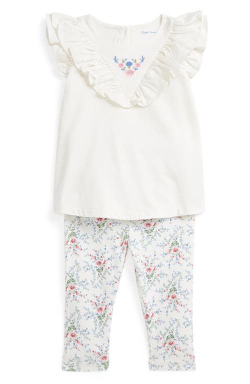 Polo Ralph Lauren Ralph Lauren Embroidered Cotton Ruffle Top & Floral Leggings Set In Nevis