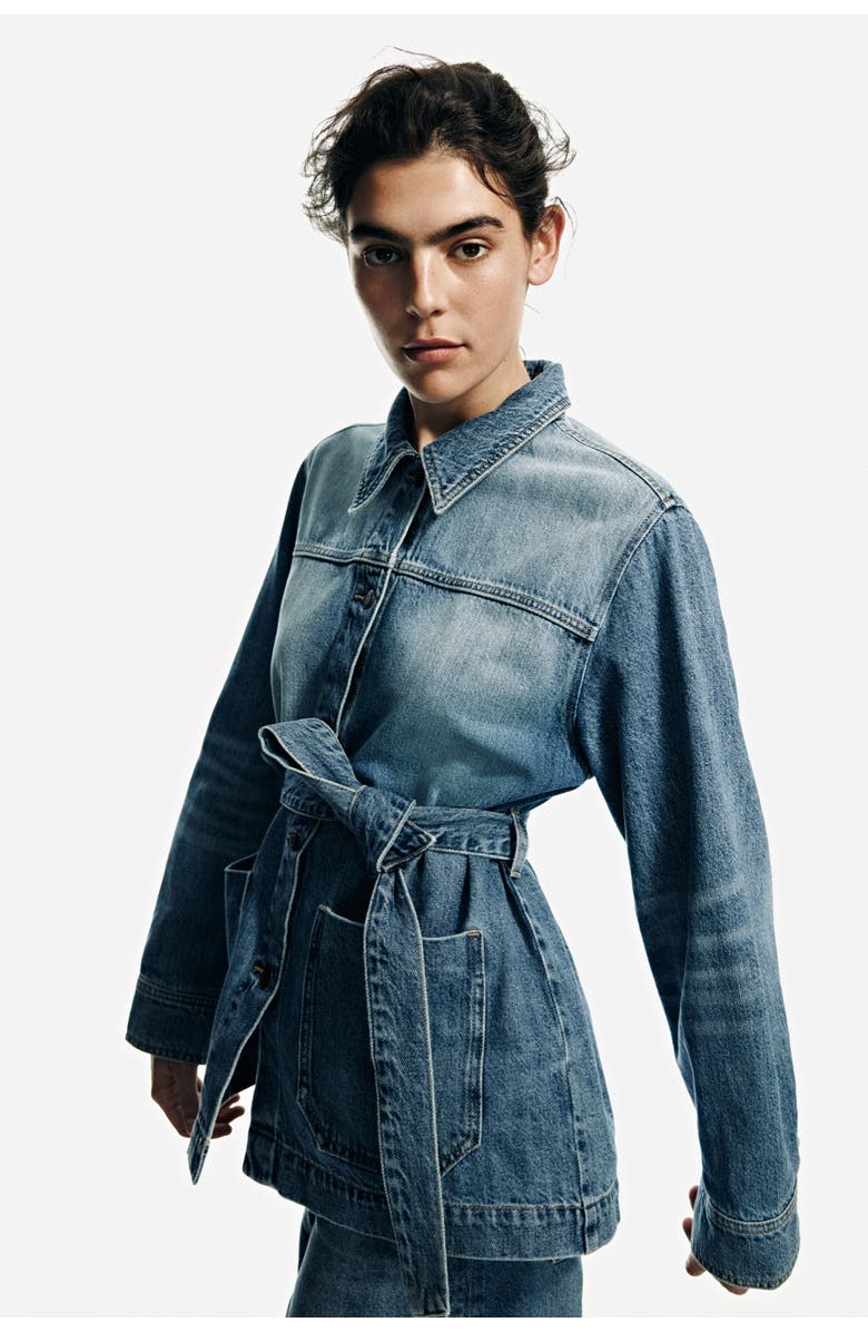 H&M Tie-belt denim jacket, Alternate, color, Denim Blue