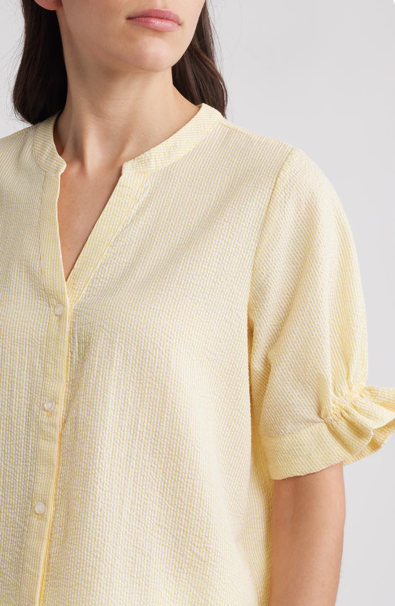 Bobeau Seersucker Gathered Short Sleeve Button-Up Shirt, Alternate, color, Yellow/ White