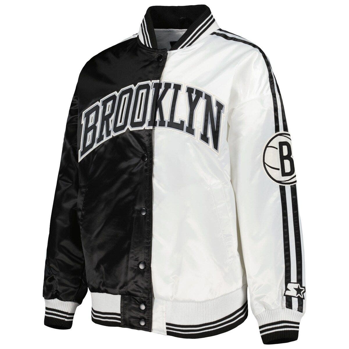 Women's Starter Black/White Brooklyn Nets Split Colorblock Satin Full-Snap Varsity Jacket - image 2