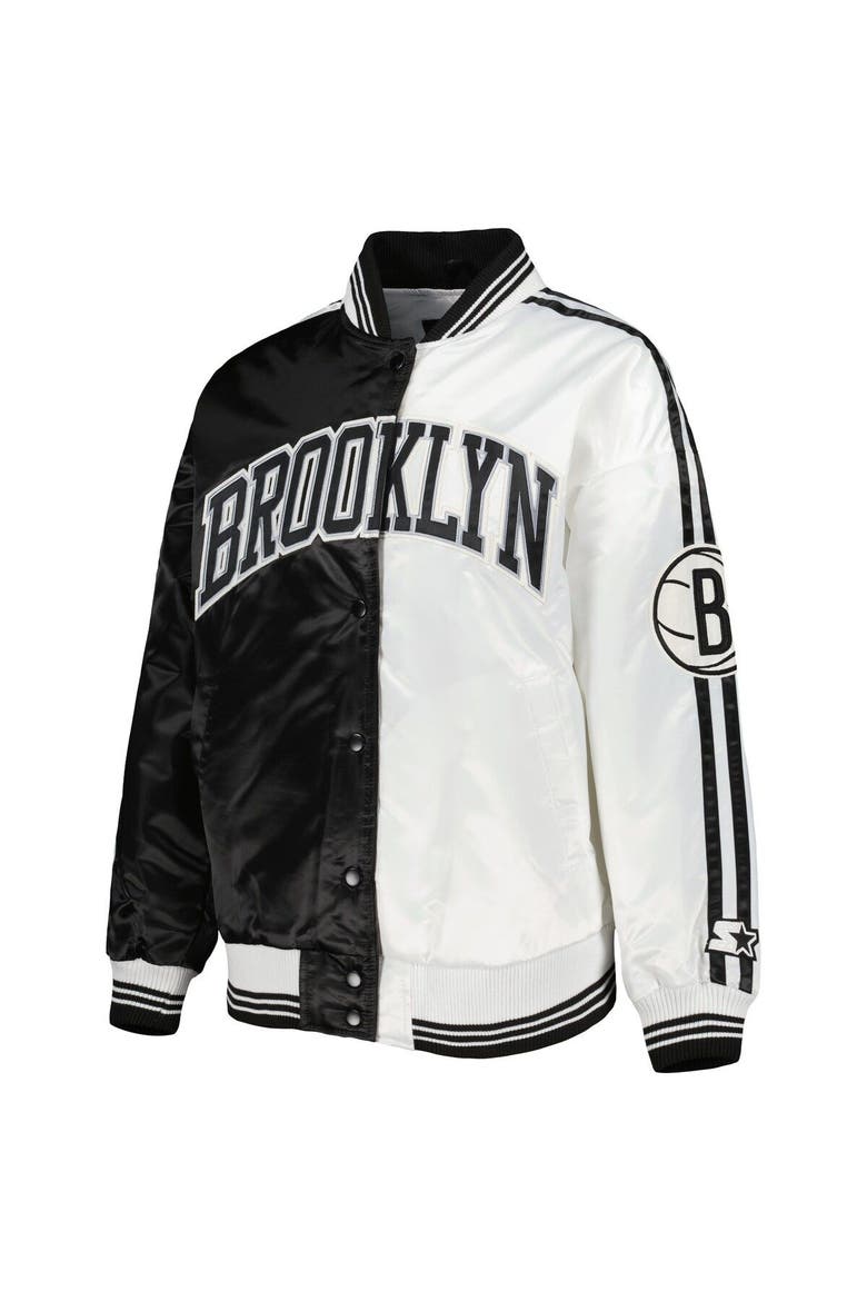 Women's Starter Black/White Brooklyn Nets Split Colorblock Satin Full-Snap Varsity Jacket, Alternate, color, Black
