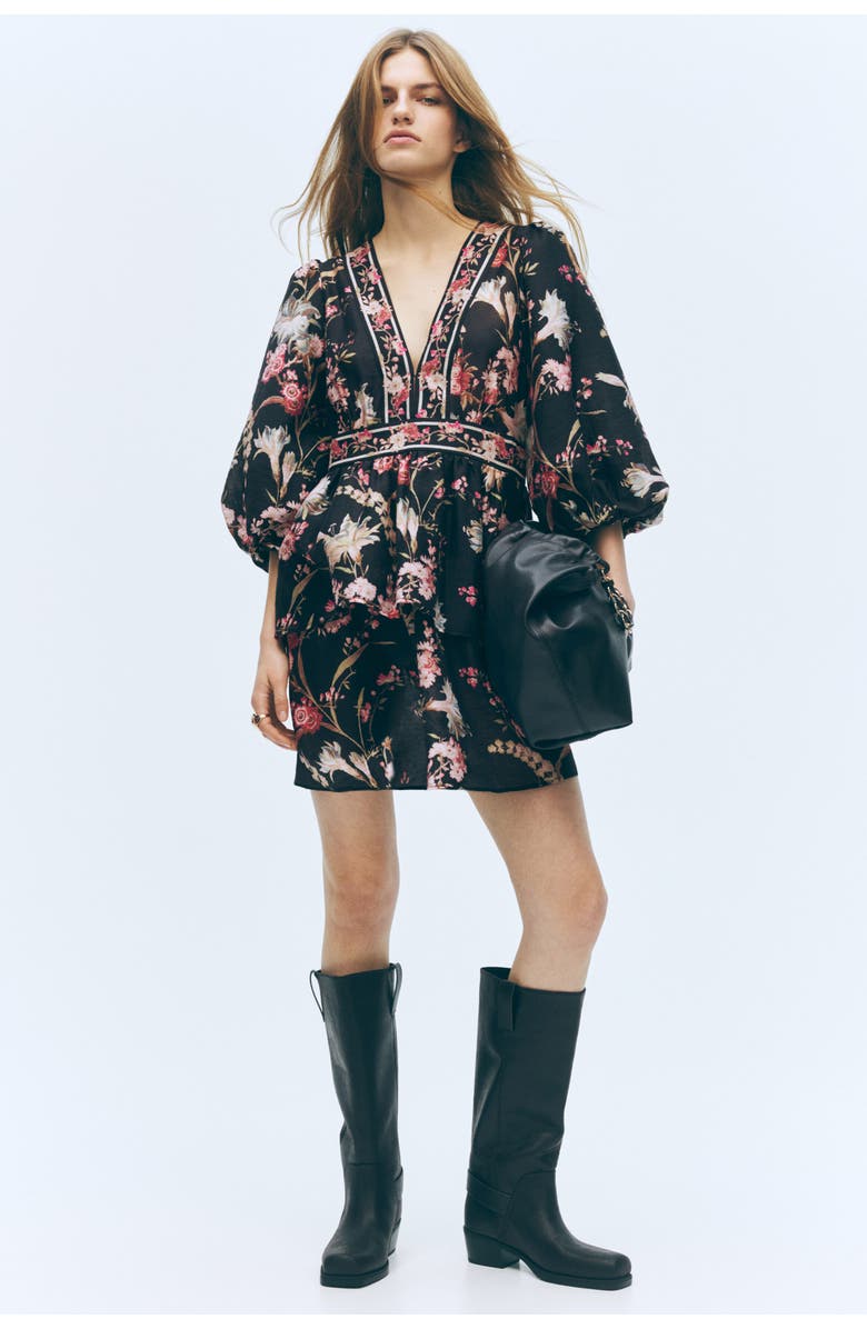 H&M Linen-blend dress, Alternate, color, Black/Floral