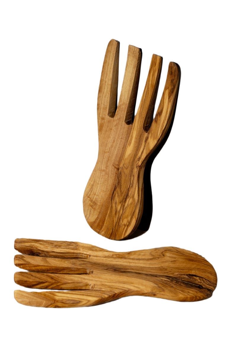 Olive Wood Salad Servers Flat Forks Set, Alternate, color, Natural