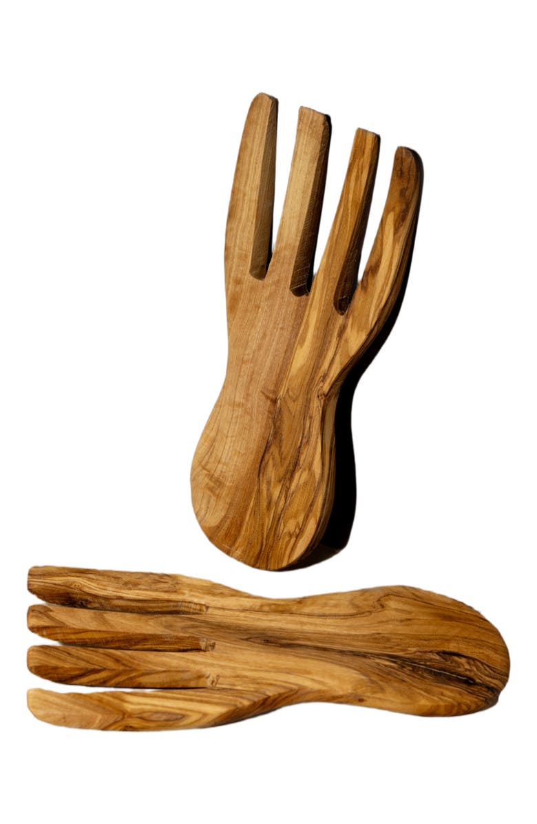 Gharyan Stoneware Olive Wood Salad Servers Flat Forks Set, Alternate, color, Natural