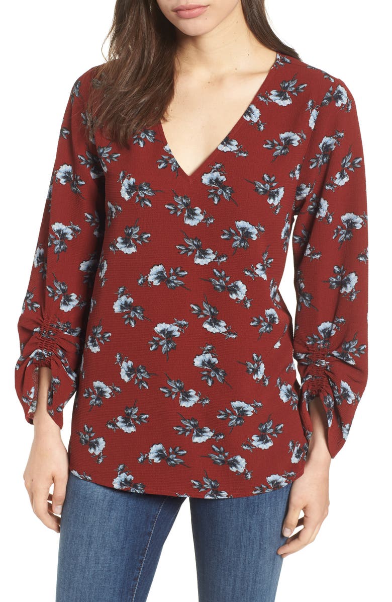 Bobeau Ruched Sleeve Stretch Crepe Blouse, Main, color,