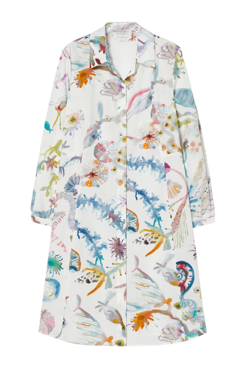 Watercolor Print Long Sleeve Shirtdress, Alternate, color, ICE