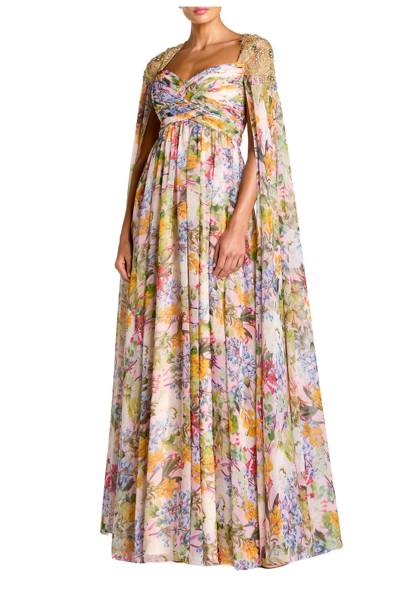 Mac Duggal Printed Chiffon Gown With Beaded Cape Sleeves, Main, color, Pastel Multi