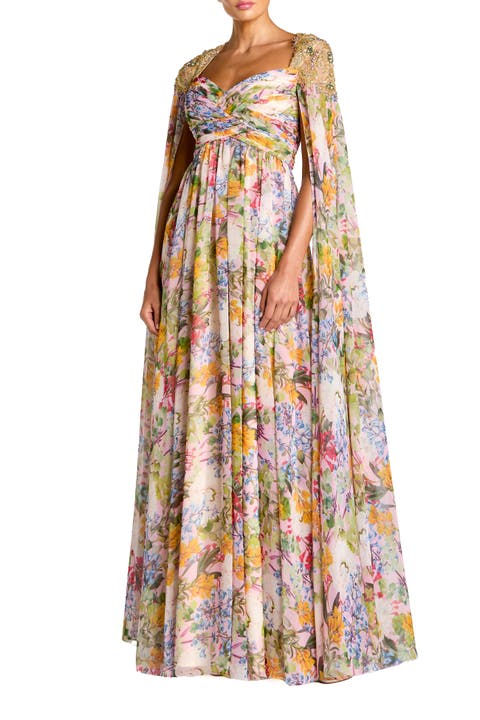 Printed Chiffon Gown With Beaded Cape Sleeves