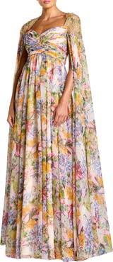 Mac Duggal Printed Chiffon Gown With Beaded Cape Sleeves
