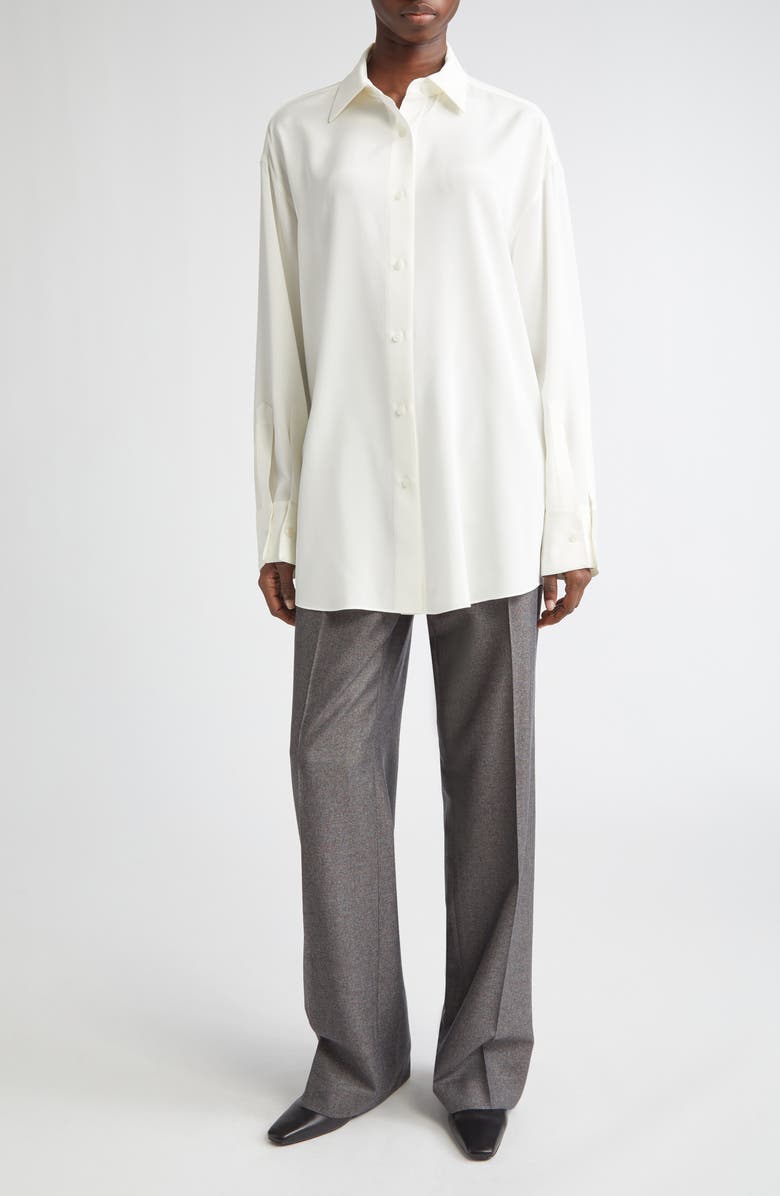 Lafayette 148 New York Oversize Point Collar Stretch Silk Button-Up Shirt, Alternate, color, Cloud