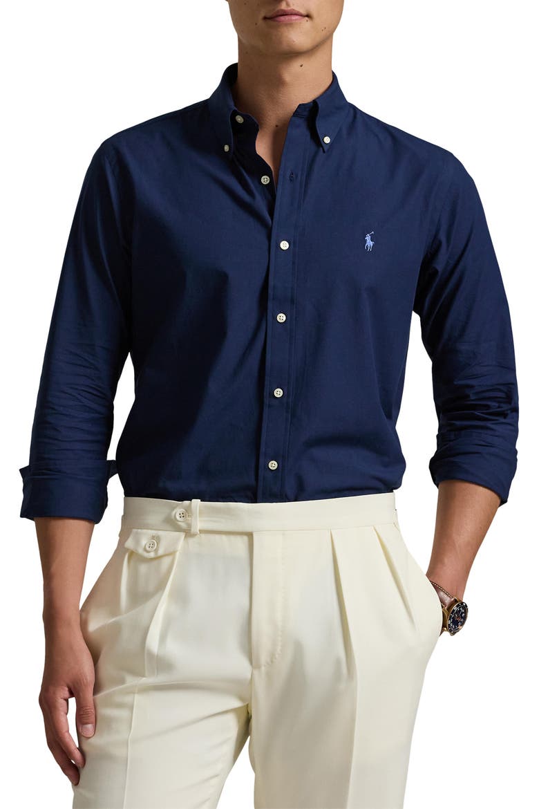 Classic Fit Stretch Cotton Poplin Button-Down Shirt, Main, color, NEWPORT NAVY