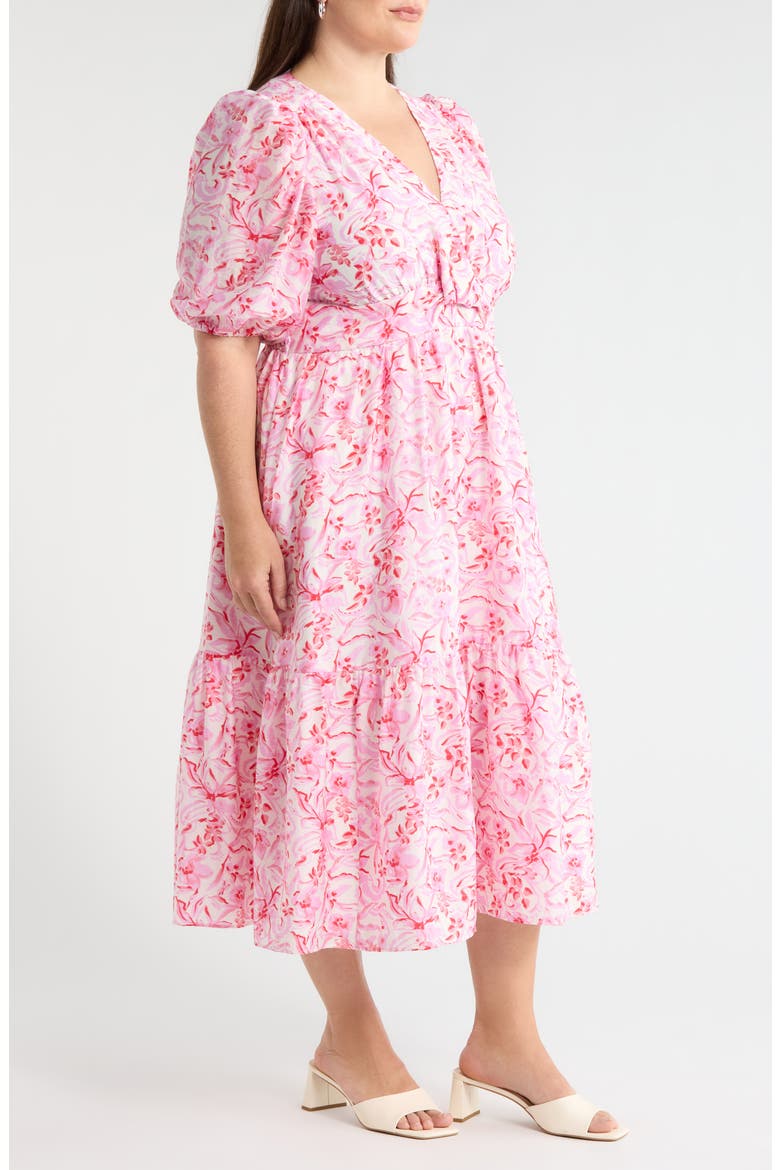 Floral Twist Front Midi Dress, Alternate, color, IVORY- PINK DAISY GARDEN