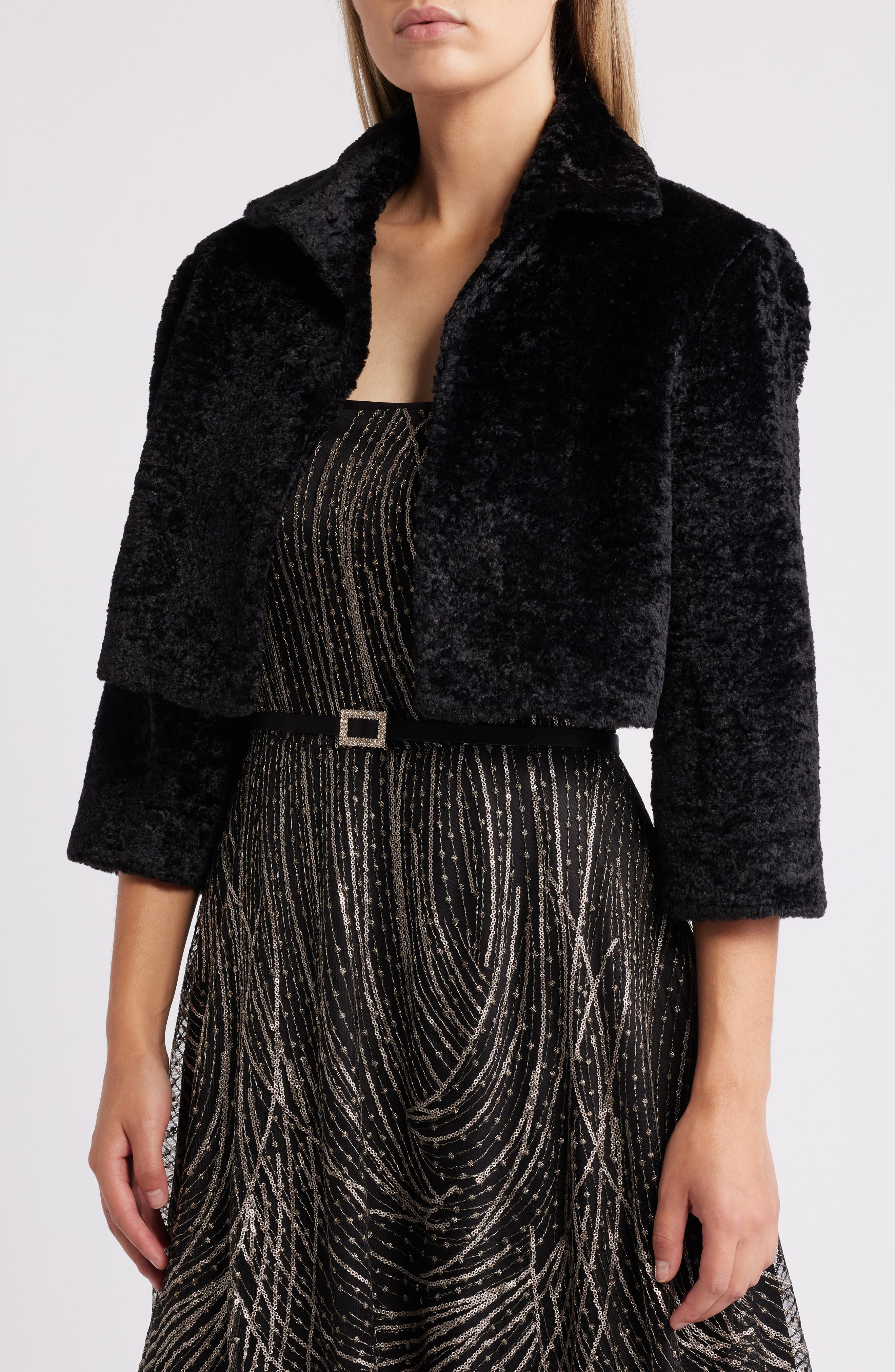 Eliza J Faux Fur Bolero in Black 