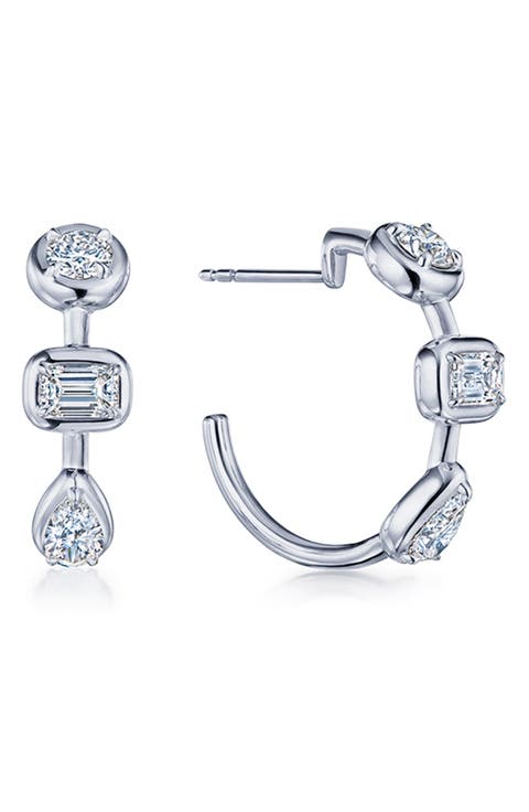 18k Gold Mixed Cut Diamond J-Hoop Earrings