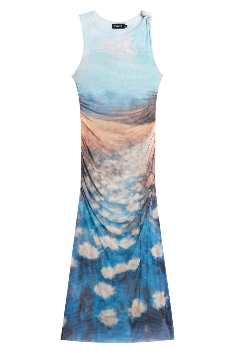 Sleeveless Abstract Floral Print Mesh Dress, Alternate, color, BLUE
