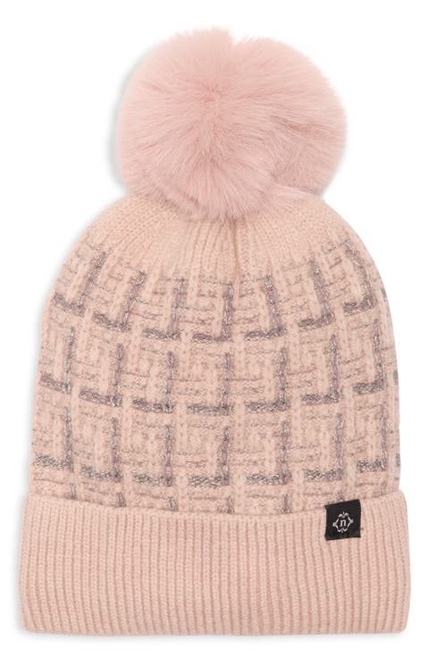 Tweed Knit Beanie with Faux Fur Pompom