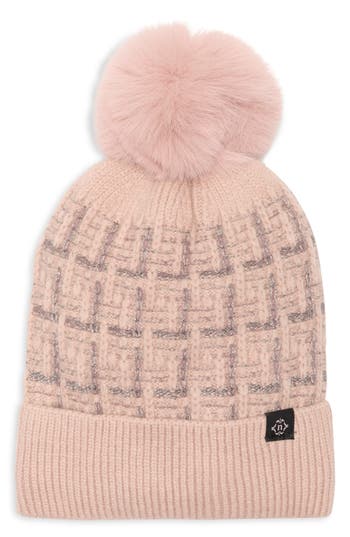 Nanette Lepore Tweed Knit Beanie With Faux Fur Pompom In Pink
