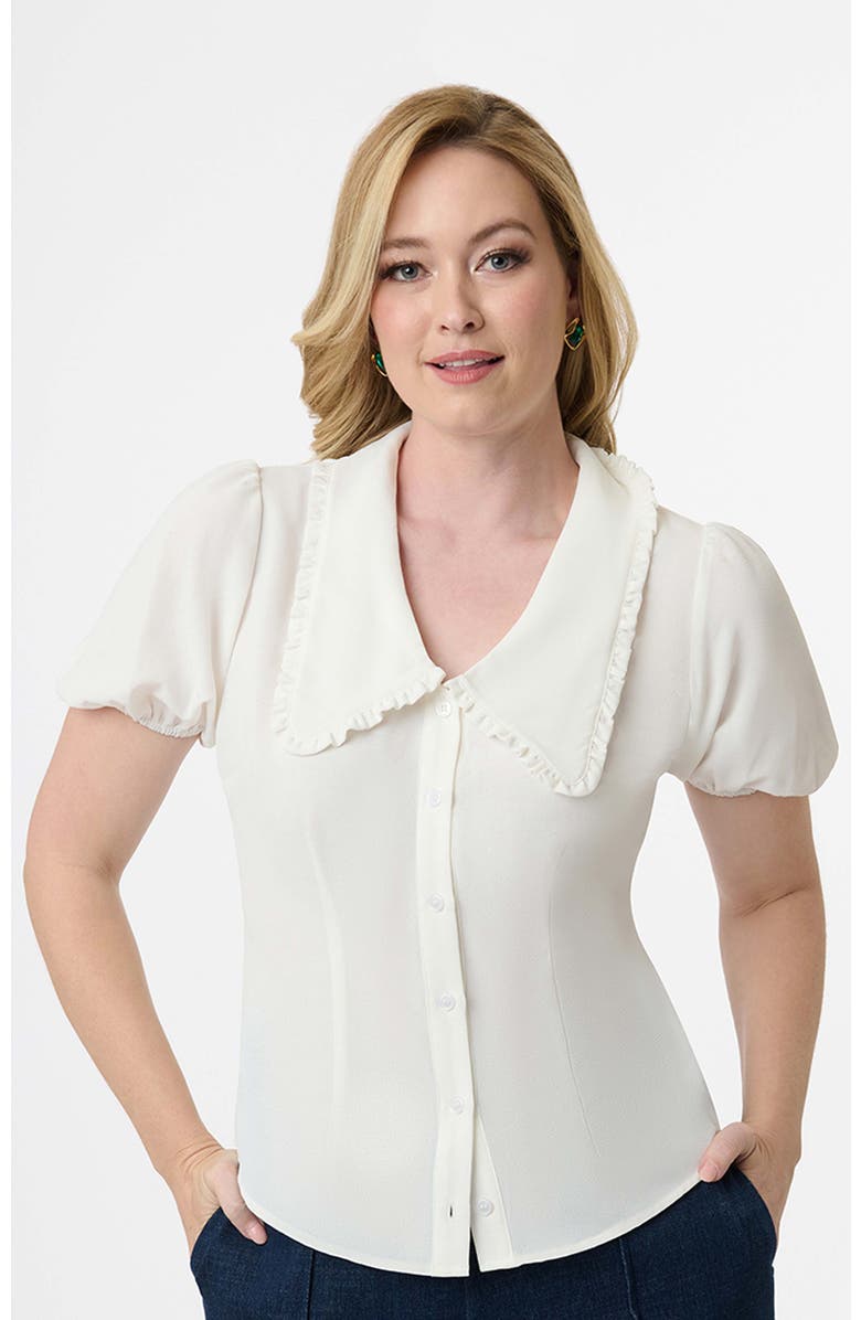 Unique Vintage Short Sleeve Oversized Collar Blouse, Main, color, White