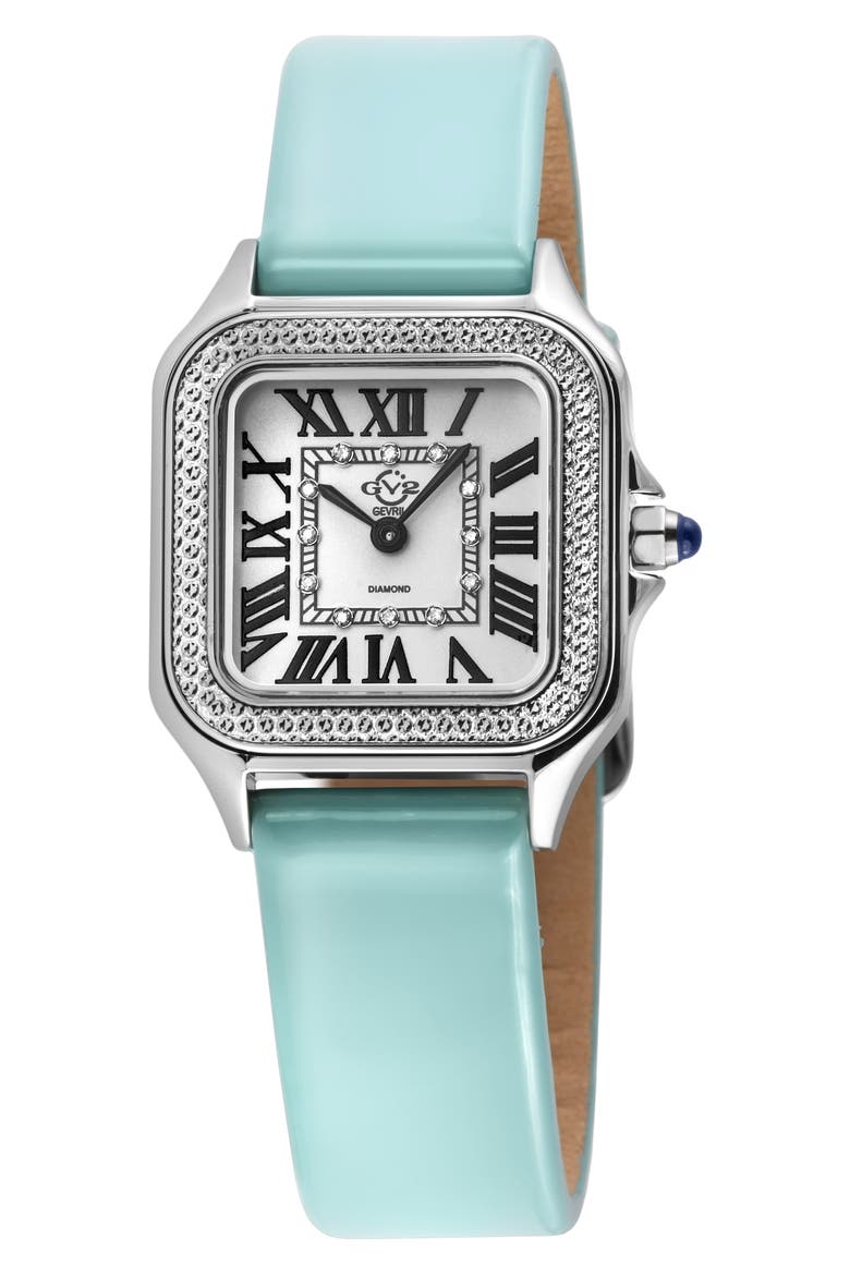 Milan Diamond Embellished Leather Strap Watch, 27.5mm - 0.06ctw, Main, color, TURQUOISE