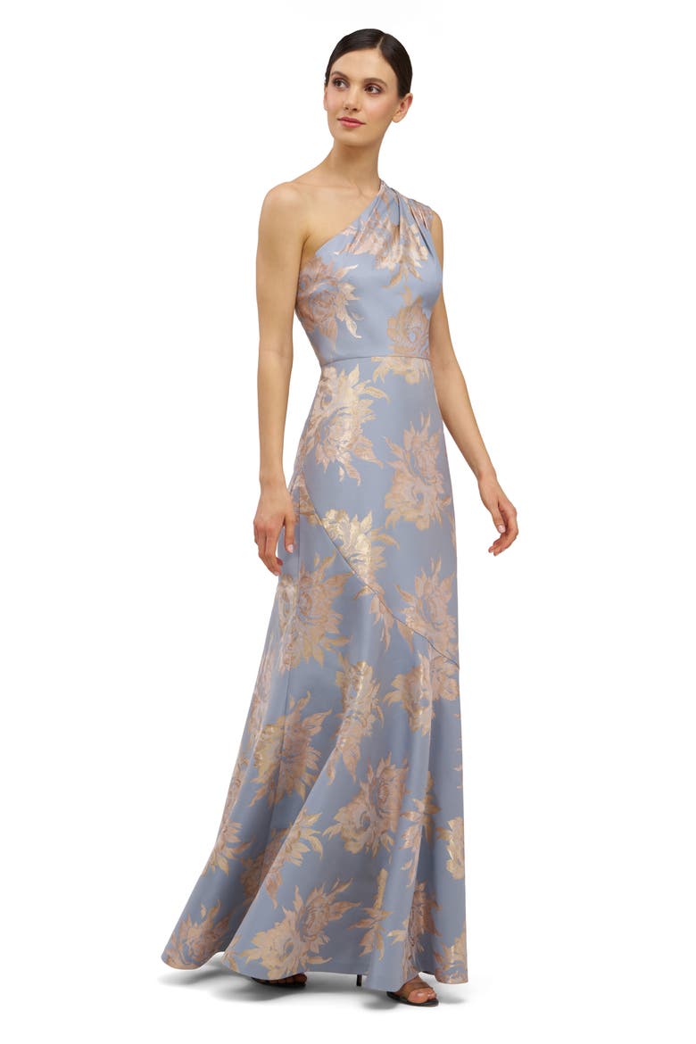Gianella Floral Metallic Jacquard One-Shoulder Gown, Alternate, color, BLUE BIRD