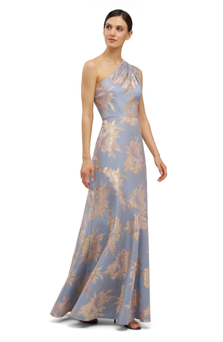 Kay Unger Gianella Floral Metallic Jacquard One-Shoulder Gown, Alternate, color, Blue Bird