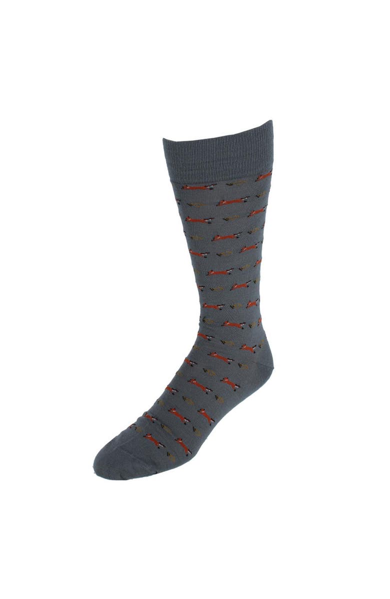 Trafalgar The Hunt Is On Mid-Calf Fox Noevlty Pima Cotton Dress Sock, Main, color, Mercury Grey