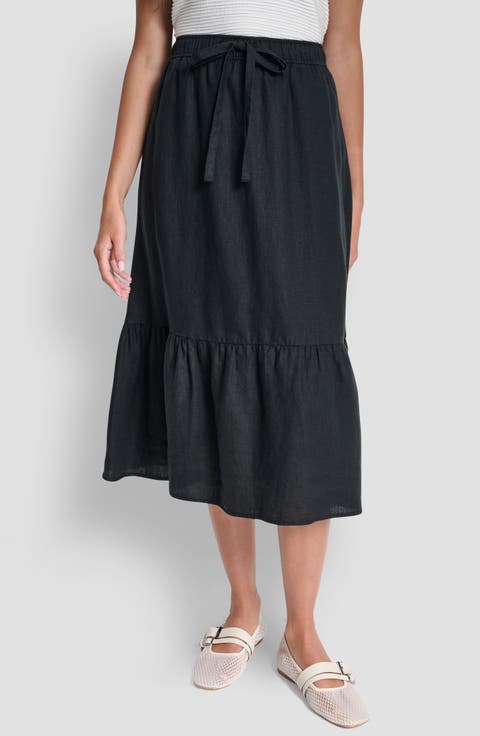 Drawstring Waist Linen Midi Skirt