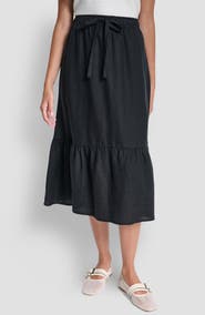 DKNY Drawstring Waist Linen Midi Skirt