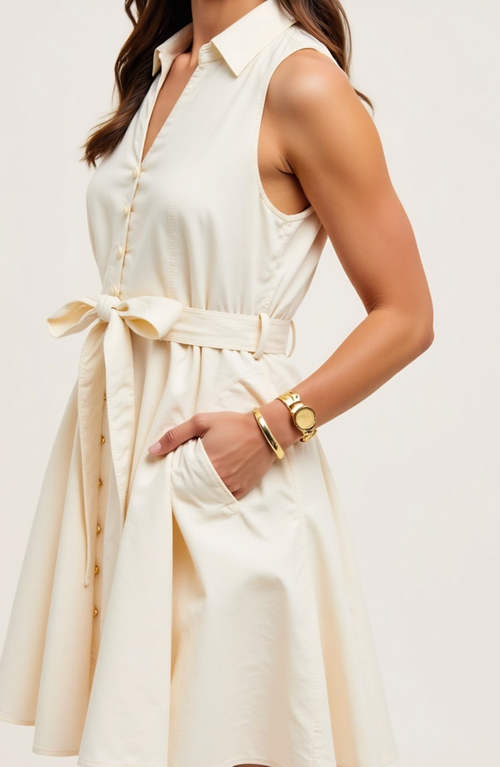 Modenaire Sleeveless Button-front Tie Waist Shirt Collar Fit-and-flare Dress In Neutral
