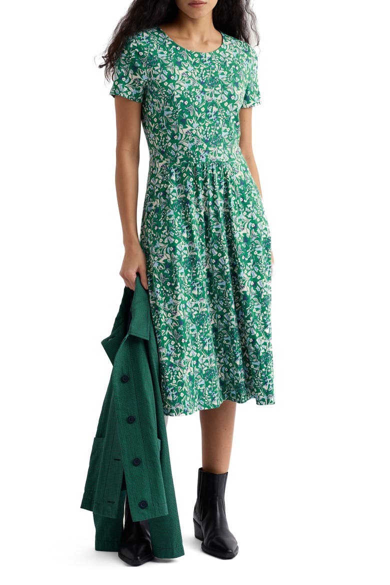 April Floral Stretch Organic Cotton Midi Dress, Main, color, WOODLAND FLORAL DARK STEM