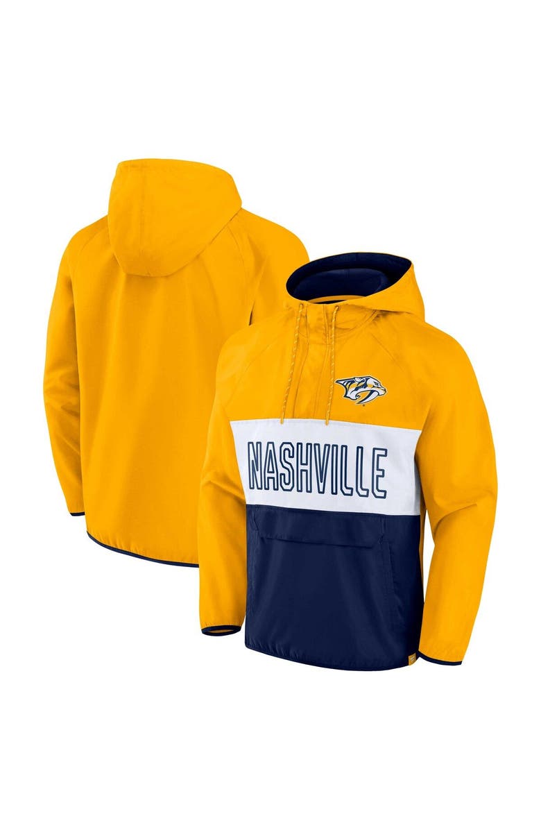 FANATICS Men's Fanatics Branded Gold/Navy Nashville Predators Backhand Shooter Defender Anorak Raglan Hoodie Quarter-Zip Jacket, Alternate, color, 